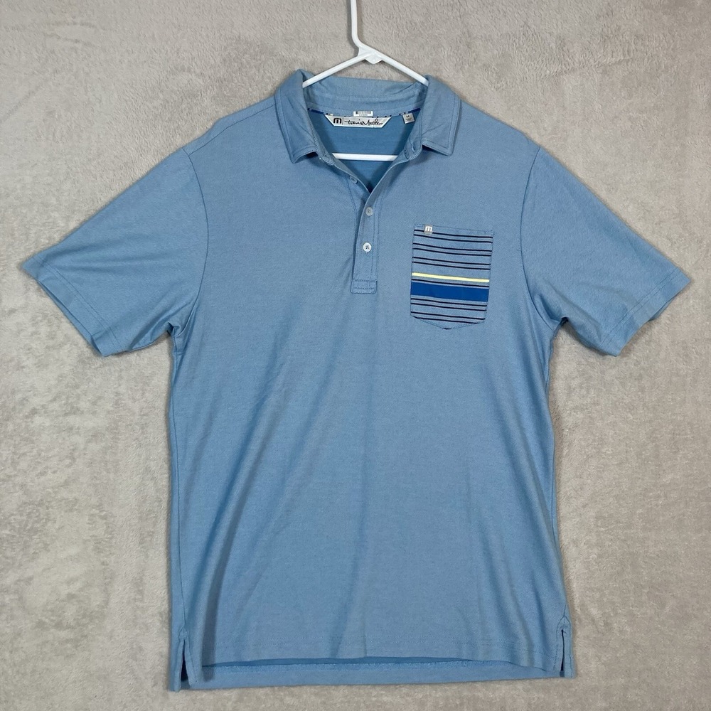 TravisMathew Polo Shirt Mens Size M Blue Striped Pocket Pima Cotton Golf Top